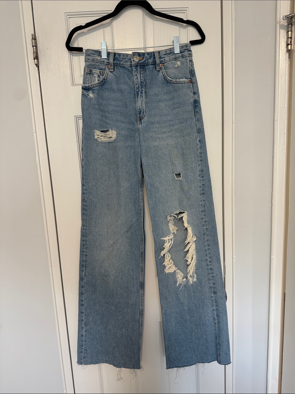 Zara Light Blue Distressed Wide Leg Jeans